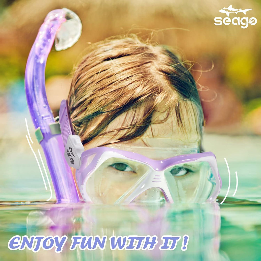 Seago Kids Swim Goggles - Anti-Fog Snorkel Mask with Nose Cover | Panoramic Clear View, Silicone Seal for Ages 6-14