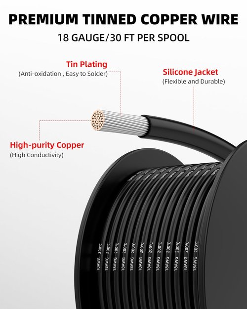 NAOEVO 18 AWG Silicone Tinned Copper Wire - 180ft Flexible Electrical Cable in 6 Colors for DIY Projects