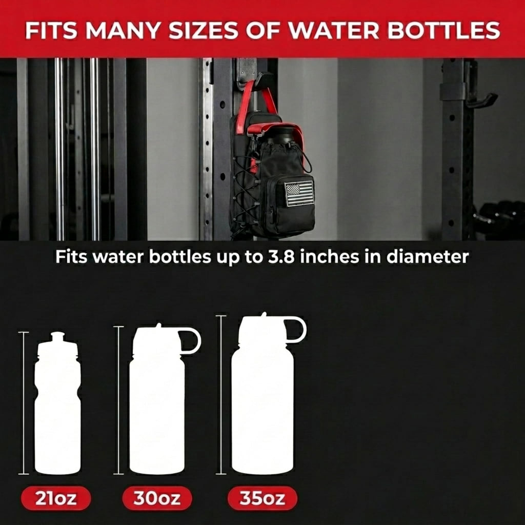 Magnetic Gym Bag & Water Bottle Holder for Gym Equipment, Compact Sling Pouch with 3 Pockets, Strong Magnet Attachment for Squat Racks, Cable Machines & Lockers, Removable Patch, Black