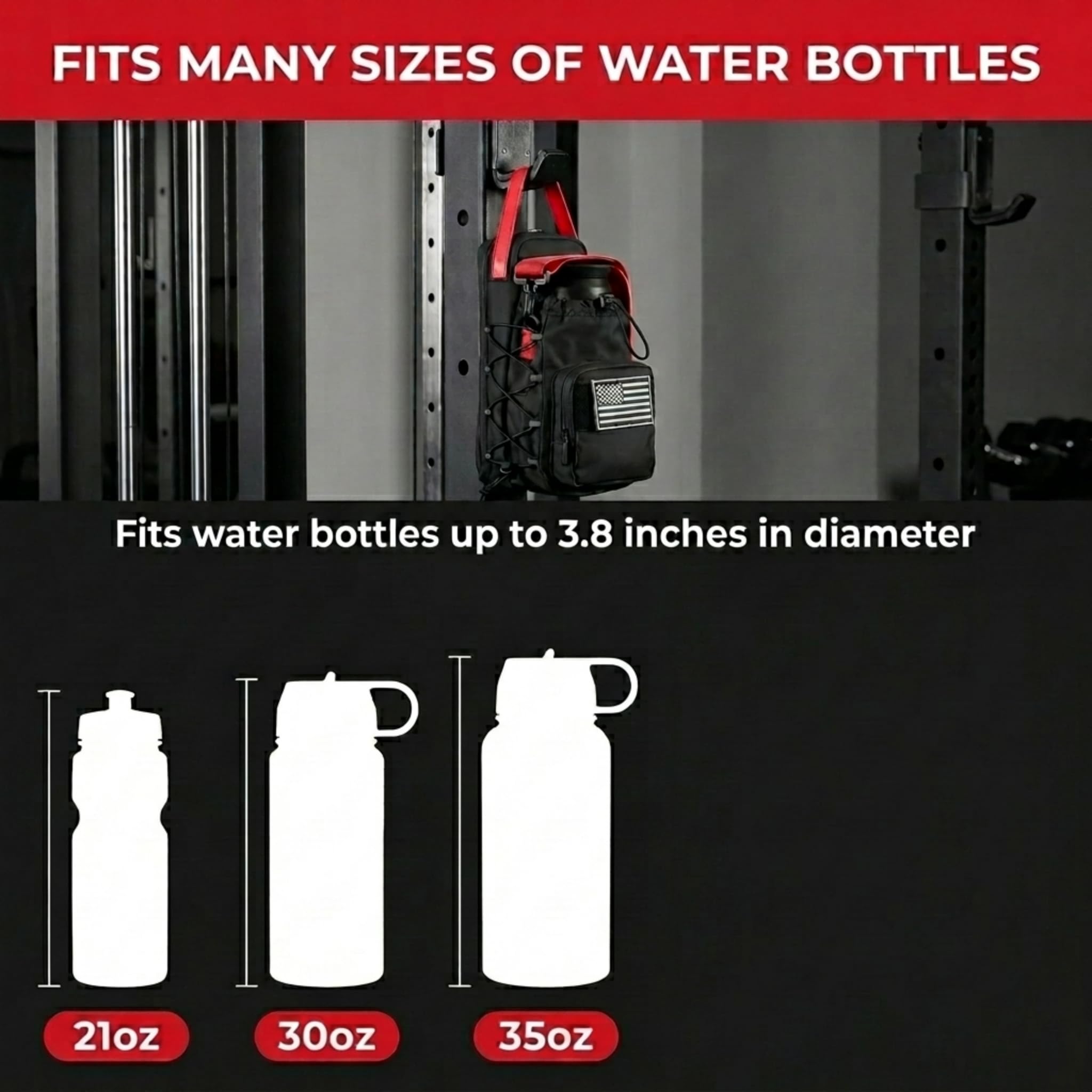 Magnetic Gym Bag & Water Bottle Holder for Gym Equipment, Compact Sling Pouch with 3 Pockets, Strong Magnet Attachment for Squat Racks, Cable Machines & Lockers, Removable Patch, Black