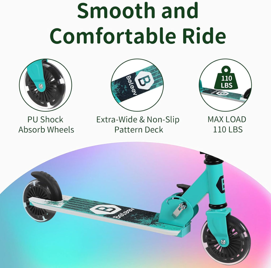 BELEEV V2 Kids Scooter - Light-Up Wheels, Adjustable Height, Non-Slip Deck | Lightweight Folding Design for Ages 3-12