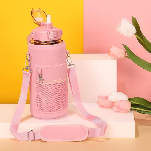 Crownnie Queen 64oz/Half Gallon Water Bottle Carrier Bag Holder with Adjustable Shoulder Strap 2 Pocket Sling Neoprene Sleeve, Crossbody Sports Accessories for Gym, Sports, Outdoor (Pink)