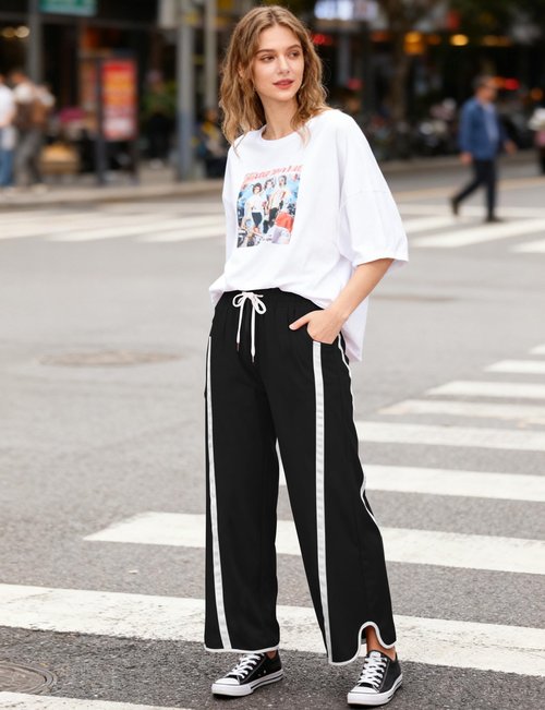 Enaisyl Women's High Waist Wide Leg Pants Striped Elastic Waist Track Pants Y2K Lightweight Baggy Streetwear with Pockets Black