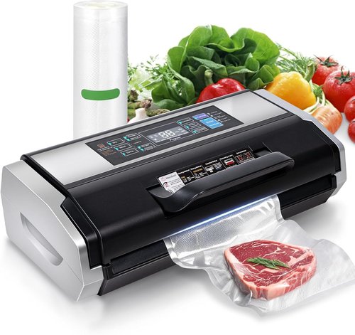 95KPa Auto Vacuum Sealer | 10-in-1 Double Seal System with 1 Roll & 15 Bags - Black/Silver