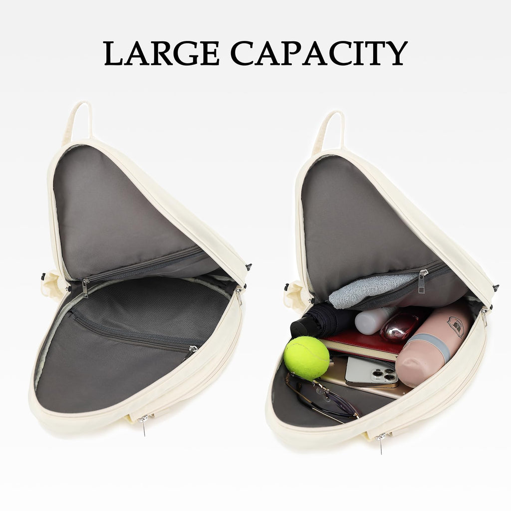 Rejolly Tennis Racket Sling Bag for Women Men Quilted Water Resistant Racquet Cover One Shoulder Crossbody Bag for 2 Tennis Rackets, Pickleball Paddles, Badminton Racquet Cream White