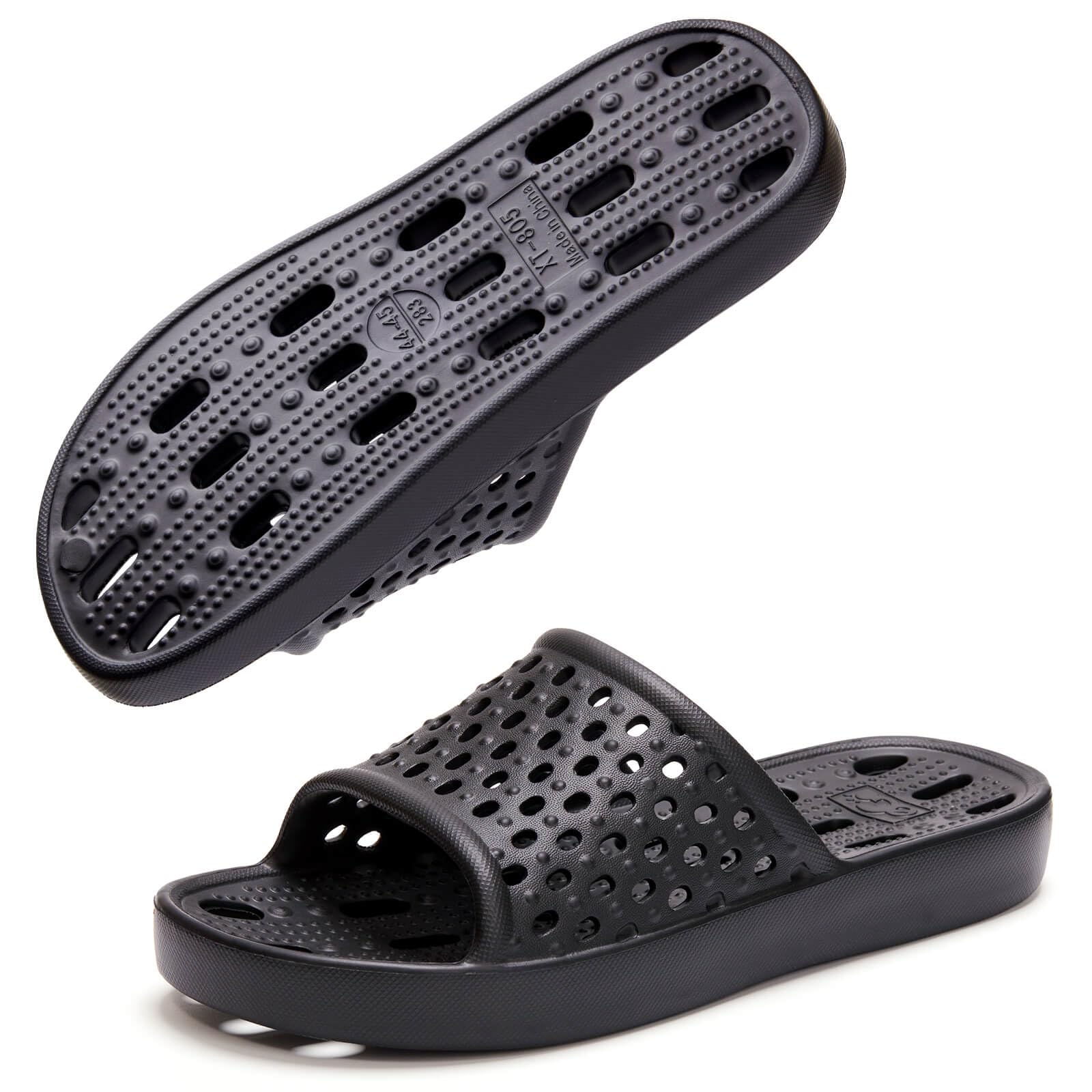 Xomiboe Shower Shoes for Men Women, Non Slip Quick Dry Shower Sandals with Drain Holes, Lightweight EVA Shower Slippers for Gym, College Dorm, Pool, Locker Room Black EU44-45