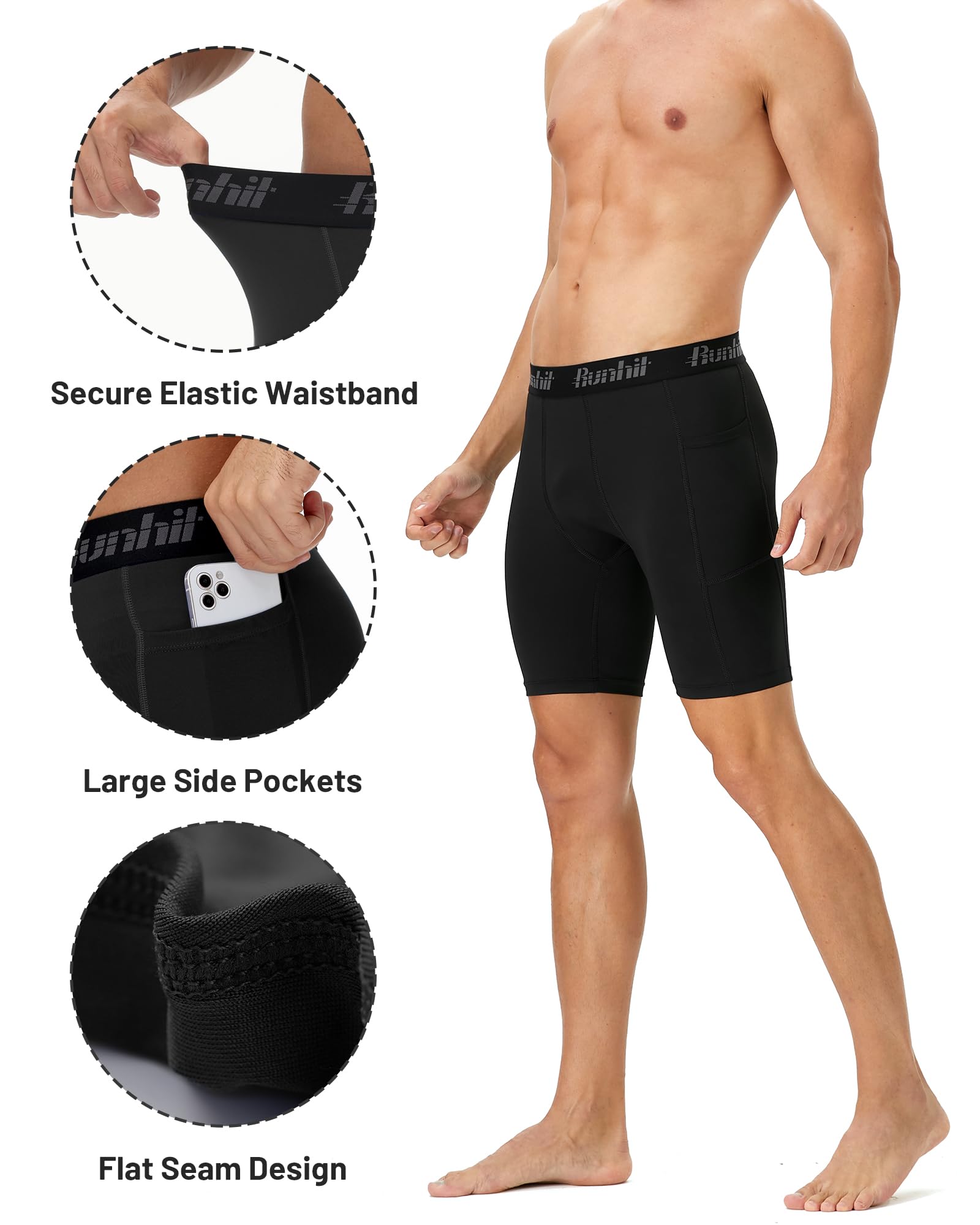 Runhit Compression Shorts Men Spandex Performance Athletic Shorts Workouts Sports Running Underwear with Pocket Black