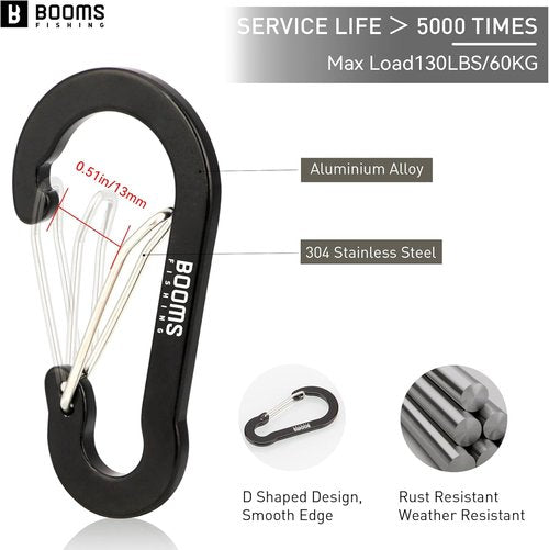 Booms Fishing Carabiner Clips - Multi-Use Aluminum D-Ring, 10 Pack (2.3"/3.1") for Keychains