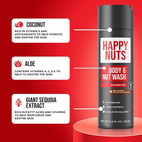 Happy Nuts Big Wood Body Wash - Moisturizing Men's Shower Gel for Sensitive Skin | 8.5 Fl Oz