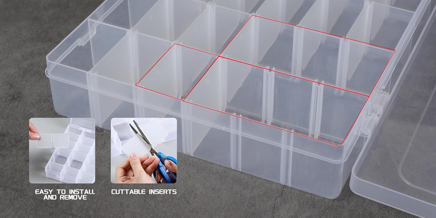 Skiennix Clear Plastic Storage Box - Rectangular Organizer for Beads, Jewelry & Crafts | 36 Grids with Labels