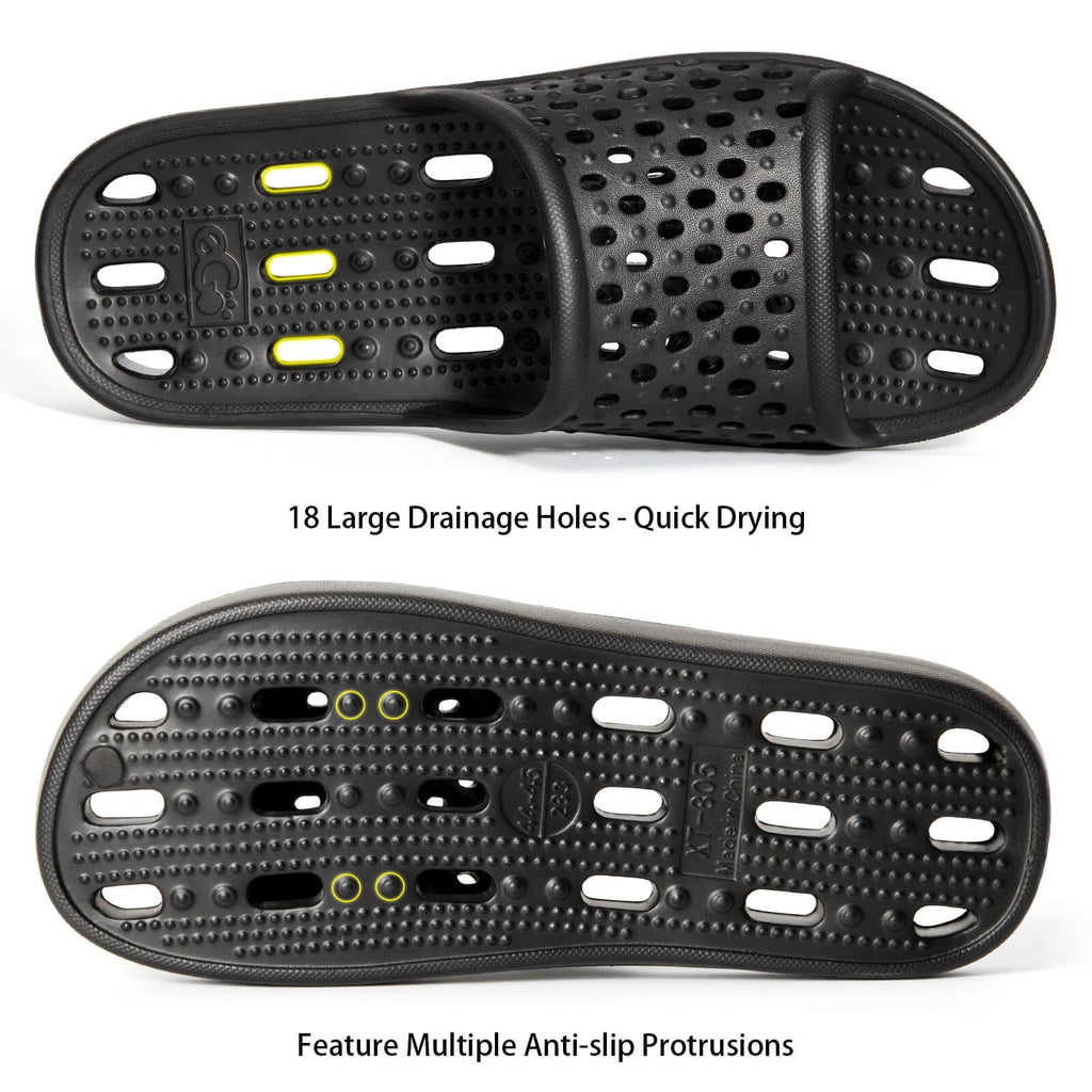 Xomiboe Shower Shoes for Men Women, Non Slip Quick Dry Shower Sandals with Drain Holes, Lightweight EVA Shower Slippers for Gym, College Dorm, Pool, Locker Room Black EU44-45
