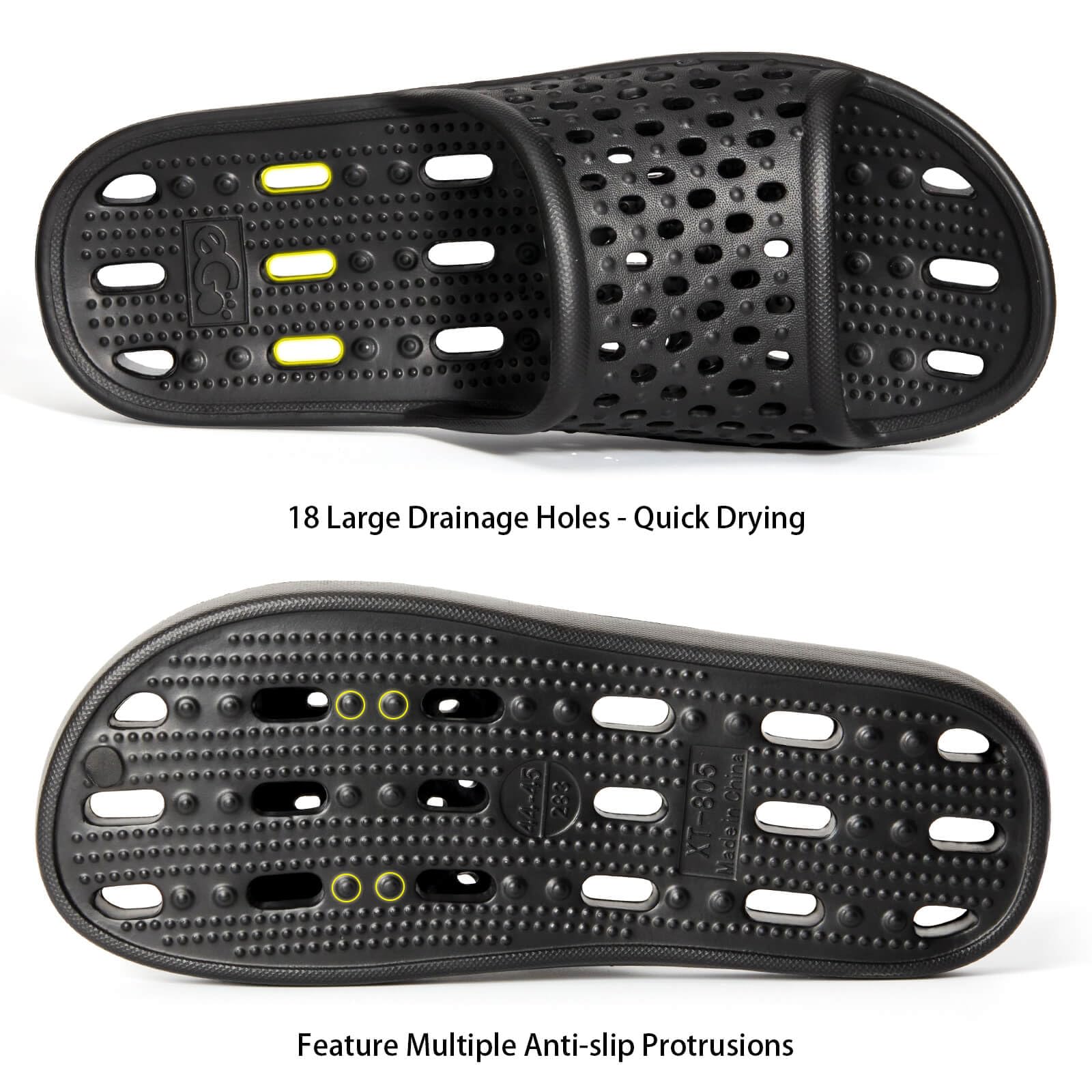 Xomiboe Shower Shoes for Men Women, Non Slip Quick Dry Shower Sandals with Drain Holes, Lightweight EVA Shower Slippers for Gym, College Dorm, Pool, Locker Room Black EU44-45