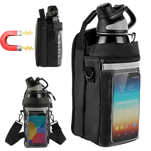 Magnetic Gym Bag for Men Women - 5lb Force Water Bottle Pouch + Clear Touchscreen Phone Pocket (Use Phone Instantly) | Workout & Travel Must-Have (Black)