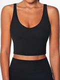Sunzel Women V-Neck Longline Sports Bras Low U Back Workout Yoga Athletic Crop Tank Top with Built in Bra Black Medium