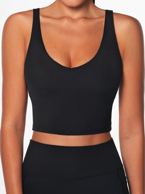 Sunzel Women V-Neck Longline Sports Bras Low U Back Workout Yoga Athletic Crop Tank Top with Built in Bra Black Medium