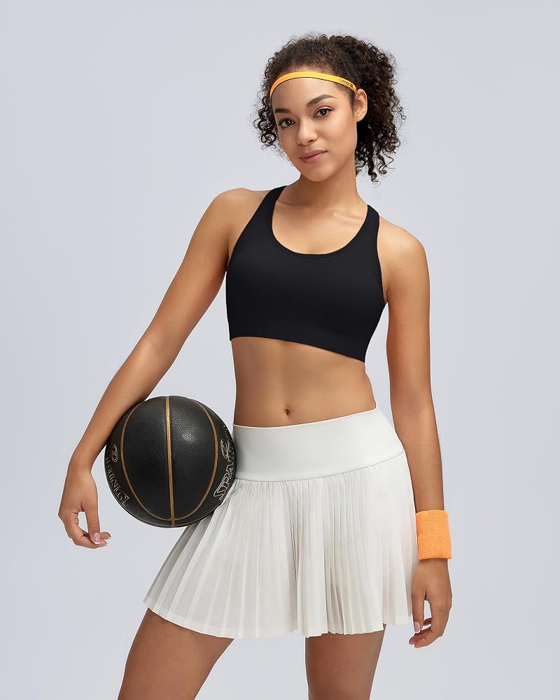 RUNNING GIRL High Support Seamless Strappy Sports Bra with Removable Pads - A-Black+White+Dark Blue+Medium