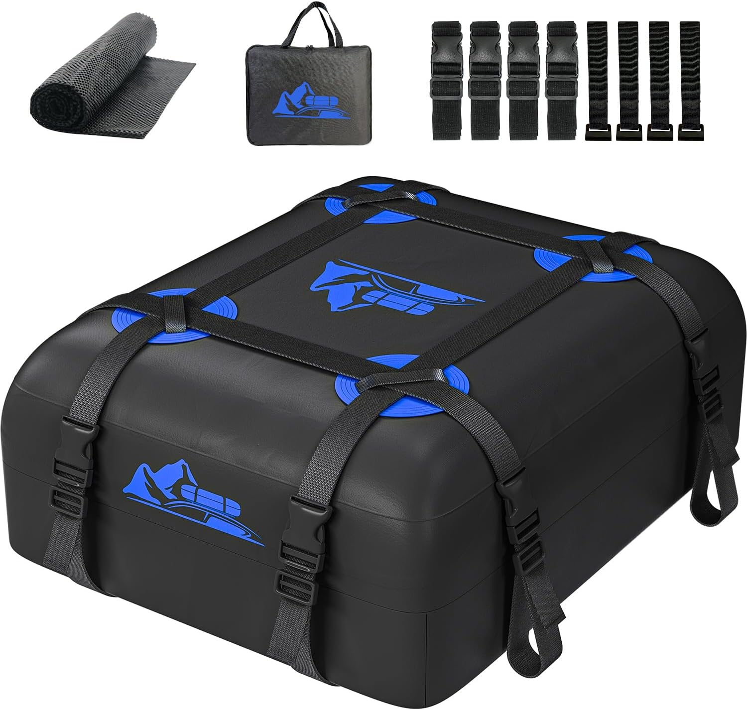 Skiennix Car Rooftop Cargo Carrier Bag - 100% Waterproof, 15 Cubic Feet, Heavy Duty | Includes Anti-Slip Mat & Straps (Blue)