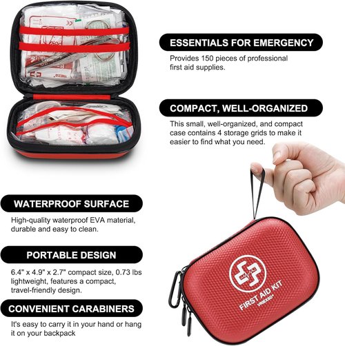 Mini First Aid Kit - 150-Piece Waterproof Medical Kit for Home, Travel, Camping & Outdoor Emergencies - Red