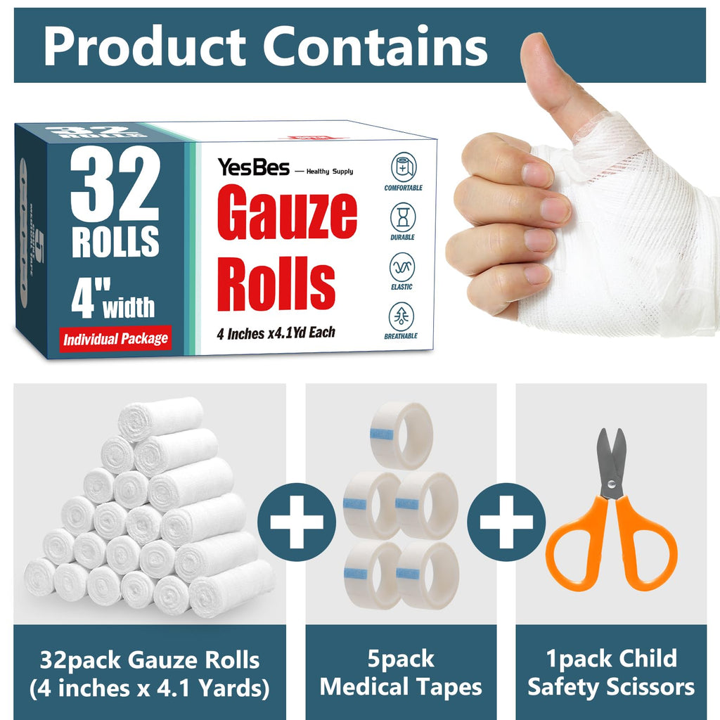 YesBes 32 Pack Gauze Rolls, 4 in x 4.1 Yards, Premium Gauze Wrap Roll for Wounds, Bandage Wrap Rolled Gauzes, Mummy Wraps, Individually Wrapped