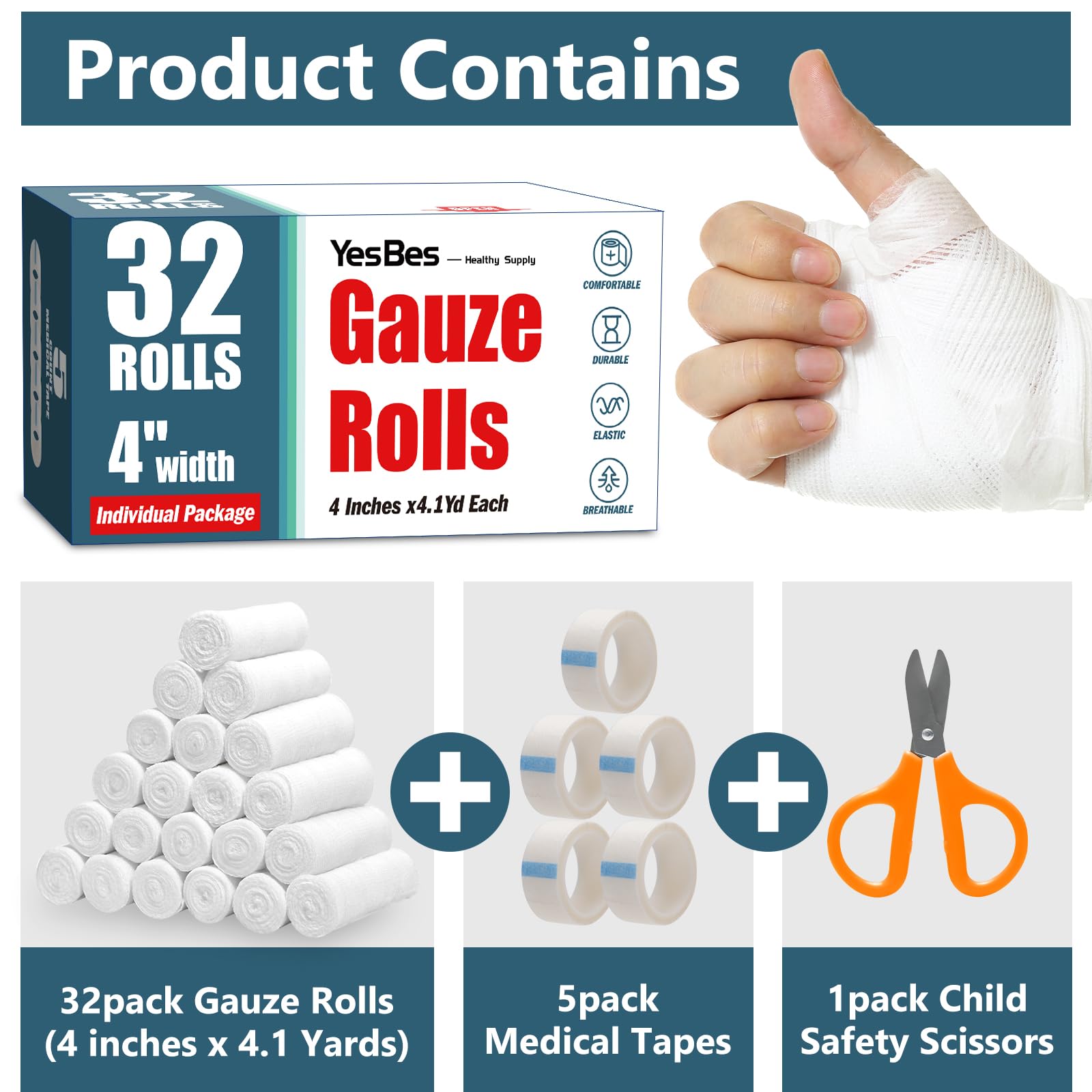 YesBes 32 Pack Gauze Rolls, 4 in x 4.1 Yards, Premium Gauze Wrap Roll for Wounds, Bandage Wrap Rolled Gauzes, Mummy Wraps, Individually Wrapped