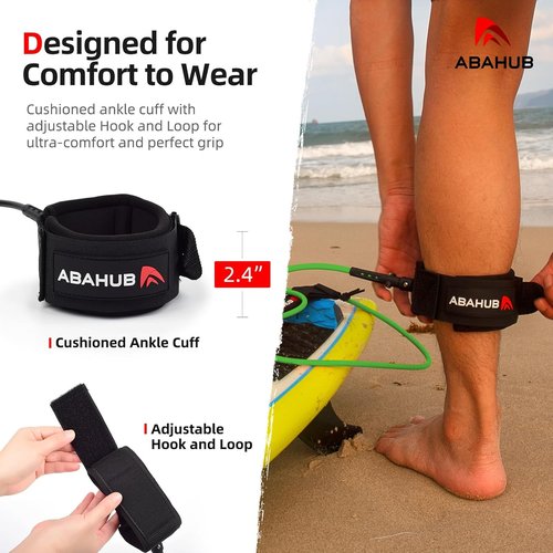 Abahub Premium Surfboard Leash - Durable 6/7/8/9/10 ft Legrope Strap for Shortboard & Longboard