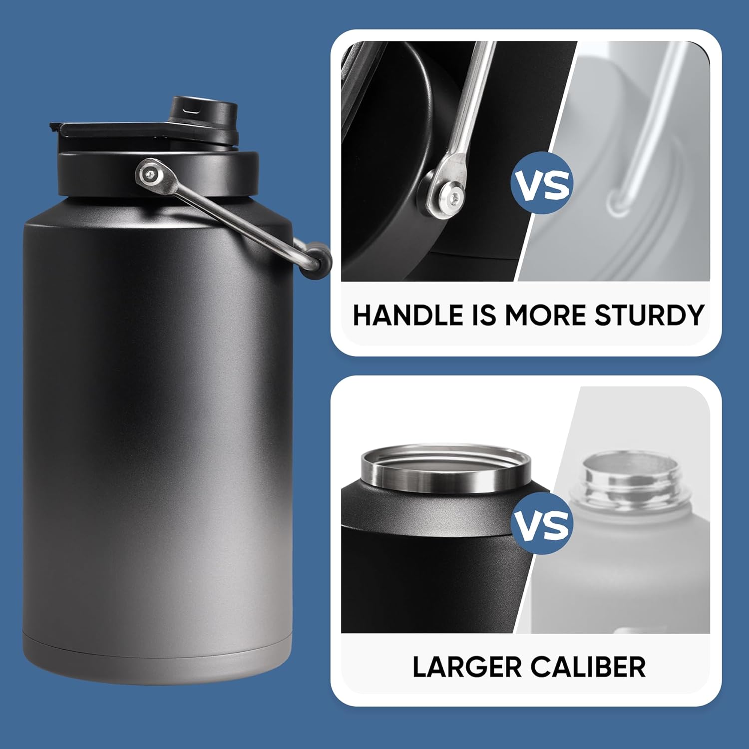 Skiennix Insulated Water Bottle - 128oz Vacuum Stainless Steel Jug with 2-in-1 Straw & Spout Lid - Leakproof, Keeps Drinks Cold for 24 Hours - Black & Grey