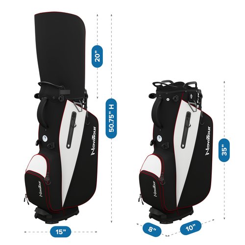 NovaTour Golf Stand Bag - Lightweight Golf Bag with Stand and 7 Way Dividers, Dual Strap, Waterproof Pocket, Insulated Sleeve, Easy-Lift Handles and Swing-Cam Holder (Ember Black/Red)