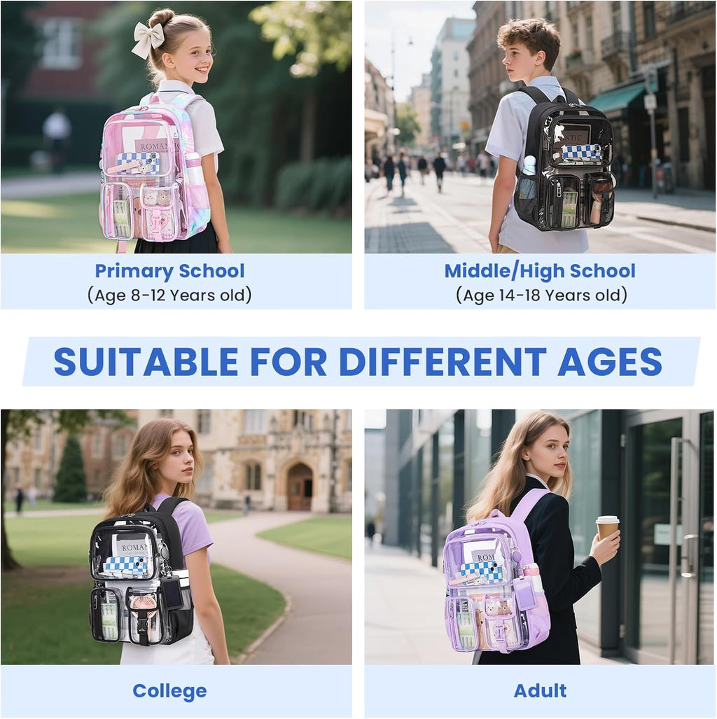 Skiennix Clear Backpack - Heavy Duty Transparent Bookbag for School | Semi-Black with Badge Holder