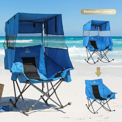 Nice C Rocking Camping Chair - XL Oversized Folding Rocker with Canopy & Cup Holder | Blue