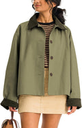 Viefent Women's Contrast Collar Crop Trench Coat - Casual Button Down Jacket with Pockets | Army Green, Large