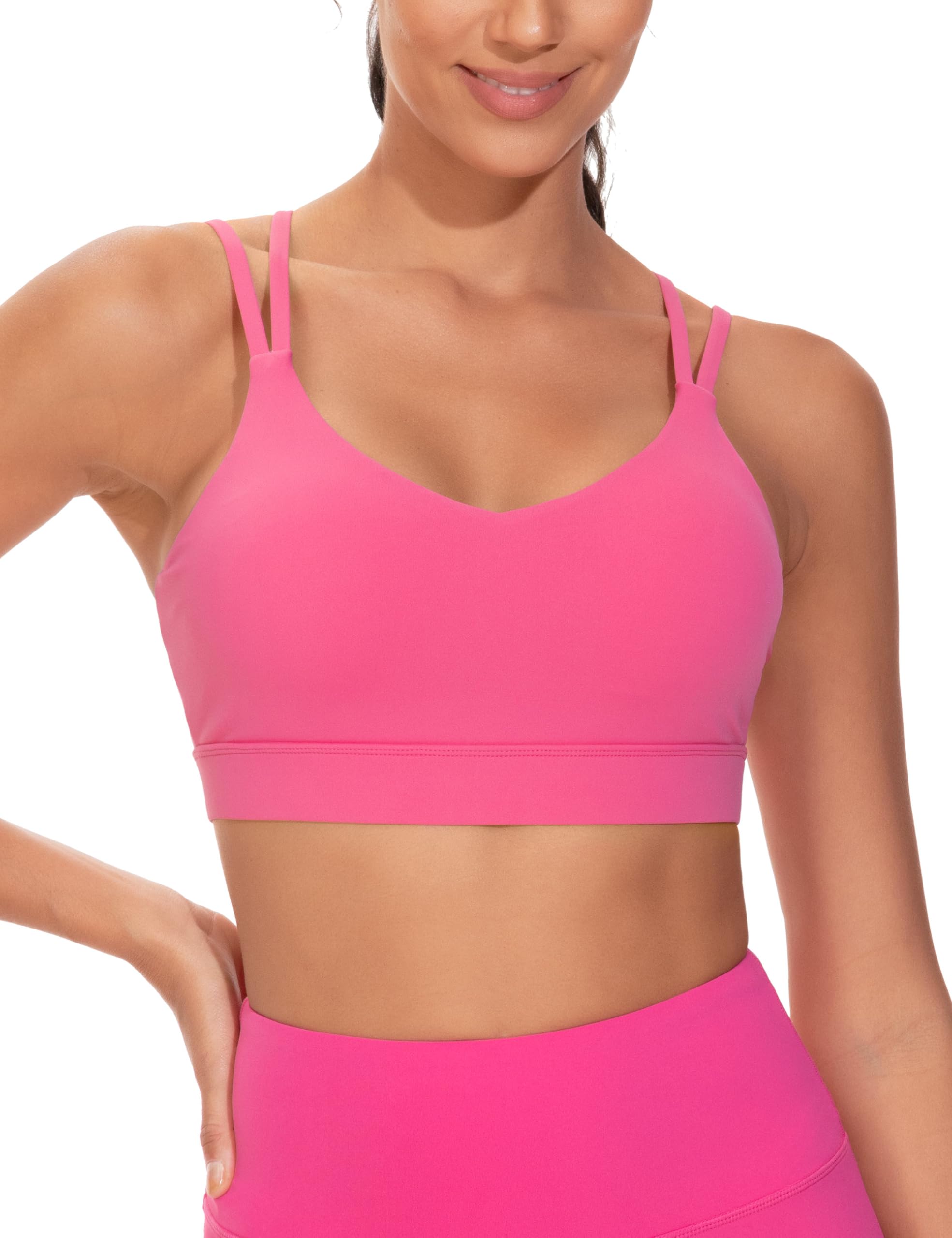 THE GYM PEOPLE Women's Double Spaghetti Strap Sports Bras Supportive Strappy Workout Bra with Padded Bright Pink