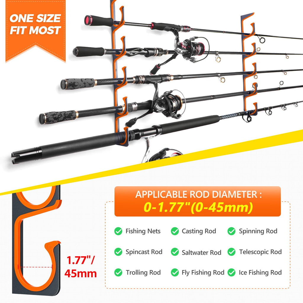 PLUSINNO H5 Horizontal Fishing Rod/Pole Holders for Garage, Wall Ceiling Mounted Fishing Rod Holder, Aviation Aluminum Fishing rod rack Holds up to 5/10/20 Rod or Combos Fishing Gear and Gifts for Men