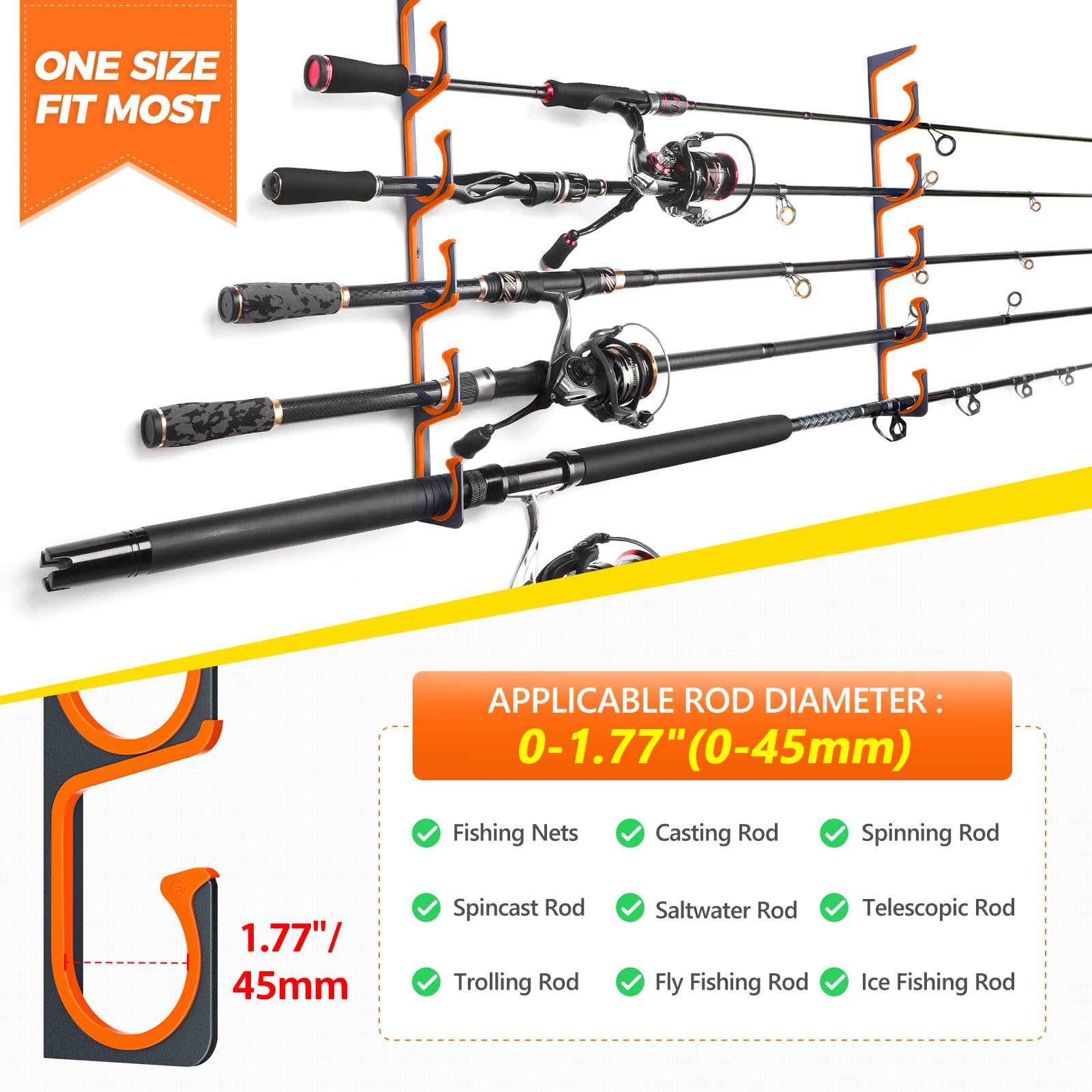 PLUSINNO H5 Horizontal Fishing Rod/Pole Holders for Garage, Wall Ceiling Mounted Fishing Rod Holder, Aviation Aluminum Fishing rod rack Holds up to 5/10/20 Rod or Combos Fishing Gear and Gifts for Men