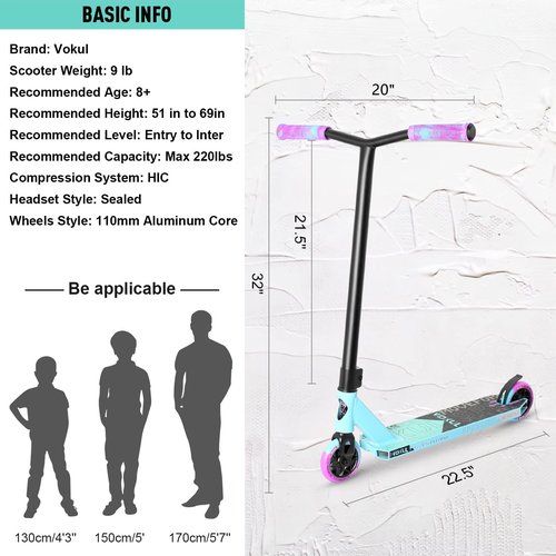 VOKUL K1 Pro Scooter - Trick Scooter for Kids 8 years and UP, Teens & Adults - Purple/Blue