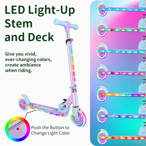 BELEEV Scooters for Kids Ages 3-12 with Light-Up Wheels & Stem & Deck, 2 Wheel Folding Scooter for Girls Boys, 3 Adjustable Height, Non-Slip Pattern Deck, Kick Scooter for Children (Purple)