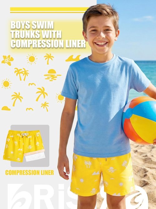 BRISIRA Boys Swim Trunks - Quick-Dry Bathing Suit with Compression Liner & Anti-Chafe Pocket | Ages 5-16