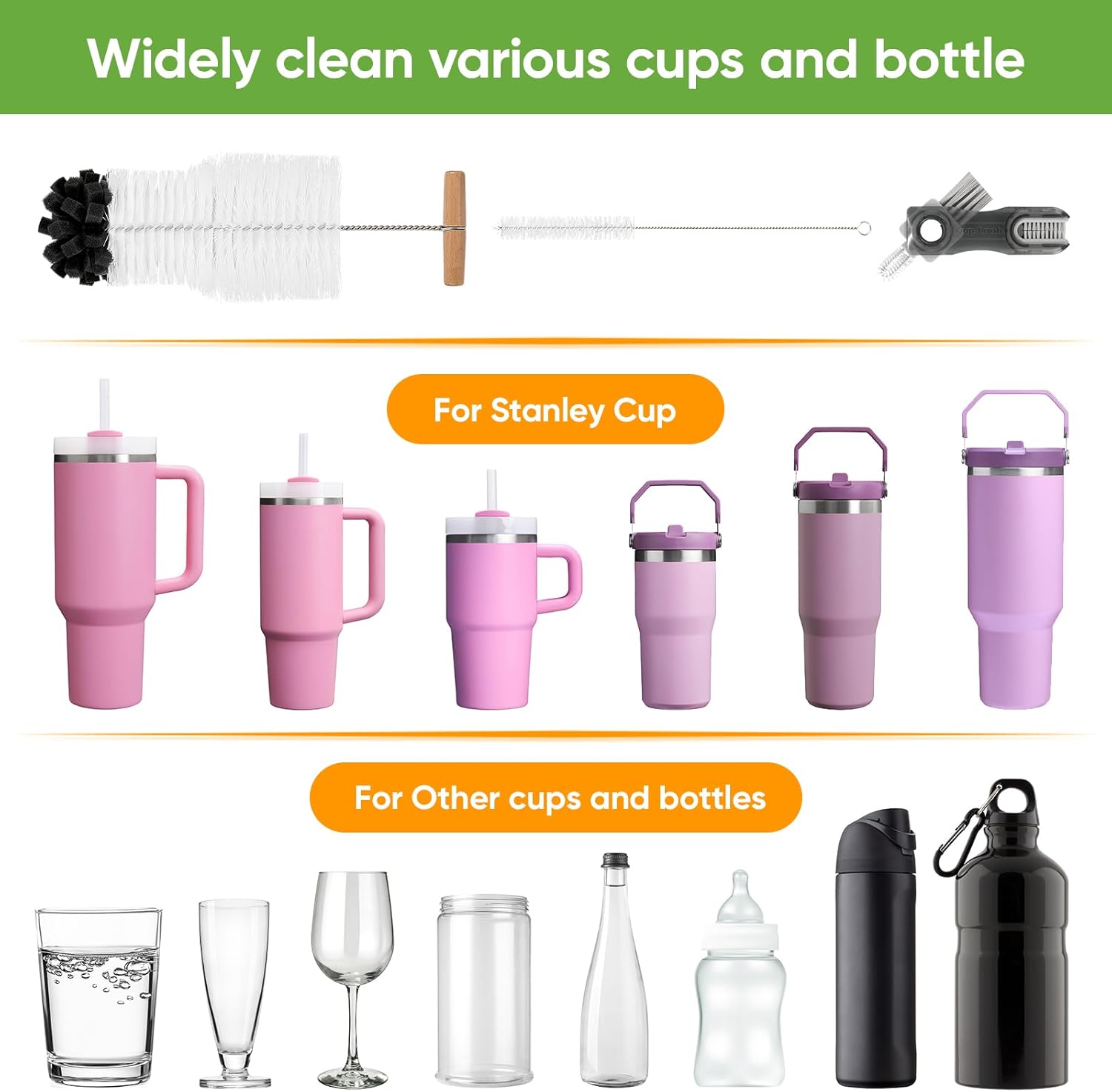 Skiennix 3-Piece Bottle Cleaning Brush Set - Long Wooden Handle for Tumblers & Mugs | Includes Straw & Lid Brushes