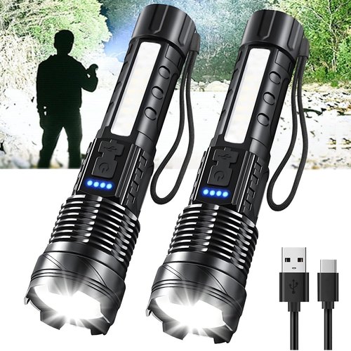 Rechargeable LED Flashlights, 90,000 Lumens Super Bright Handheld FlashLight, 7 Modes with COB Work Light, IPX6 Waterproof, Adjustable Tactical Flash light for Home,Camping and Emergencies-2 Pack