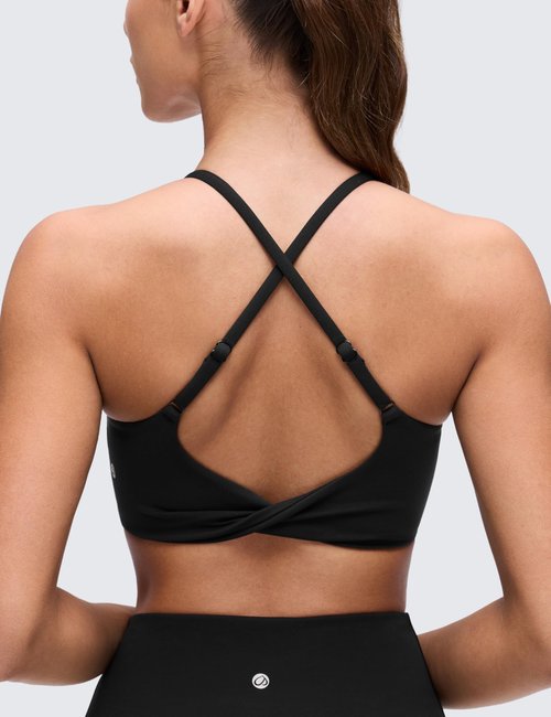 CRZ YOGA Butterluxe Twist Cross Back Sports Bras for Women - U Neck Padded Adjustable Spaghetti Straps Yoga Top Black Small