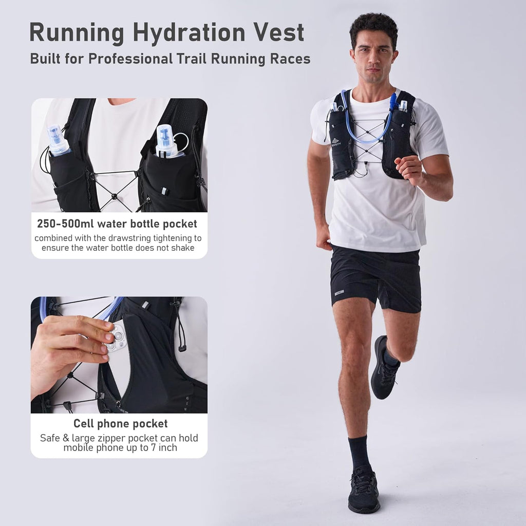 Running Hydration Vest 5L, Running Backpack with 2x500ml Soft Flask, Lightweight Water Backpack Reflective Trail Running Vest for Running Hiking Cycling