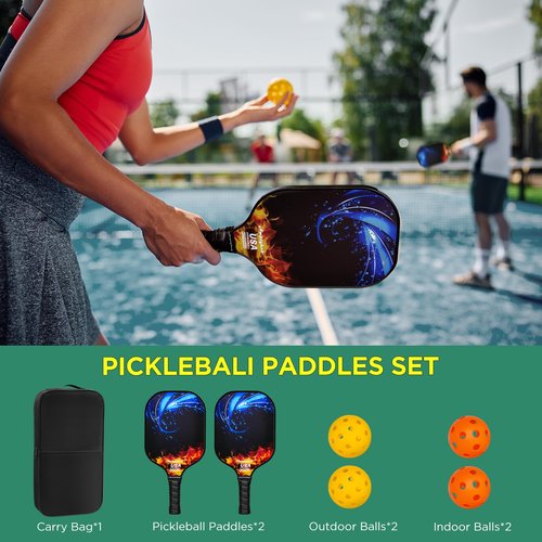 Carbon Fiber Surface Pickleball Paddles Set of 2, 2023 USAPA Approved, Polypropylene Honeycomb Core, Anti-Slip Sweat-Absorbing Grip, 2 Paddles, 2 Indoor Pickleball & 2 Outdoor Pickleball, 1 Carry Bag