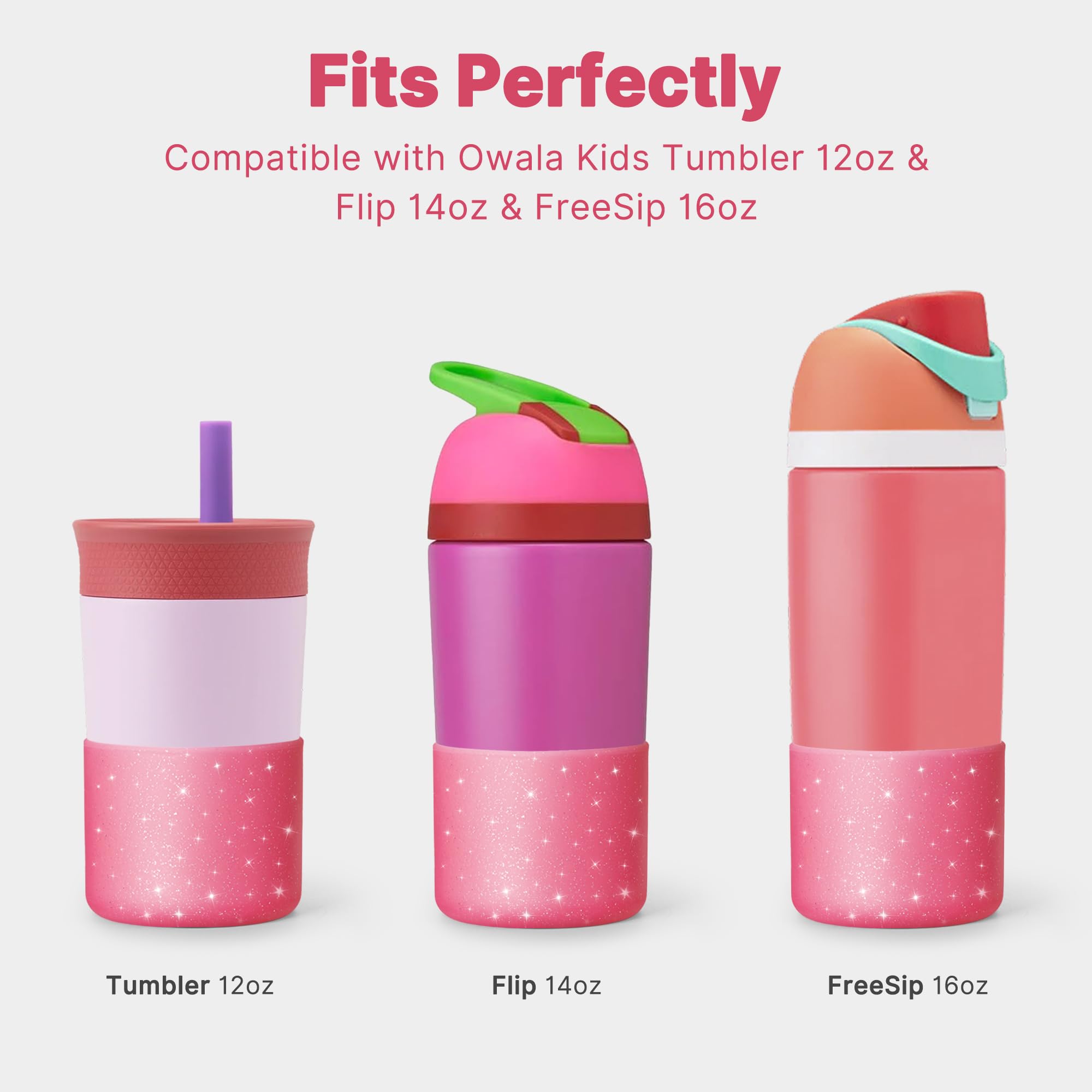 Diumepo Silicone Water Bottle Boot for Owala 14/16oz, Anti-Slip Protective Sleeve Bottom Bumper Protector for Owala 12 oz Tumbler, Flip 14 oz and FreeSip 16 oz Water Bottle (Glitter Rose Red)