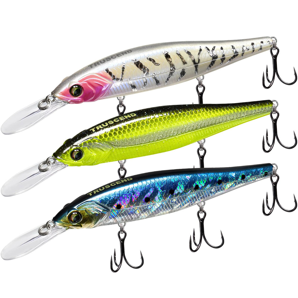 TRUSCEND Suspending Jerkbait Fishing Lures, Precision-Engineered Minnow with Sound, Flash & Irresistible Action, Cast Farther, Glow Brighter and Rattle Louder Jerkbaits for Bass Walleye Pike Catfish