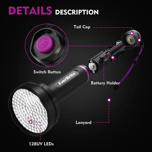 EverBrite UV Flashlight - 128 LED Blacklight for Pet Urine Detection & Scorpion Spotting | 395nm, Batteries Included