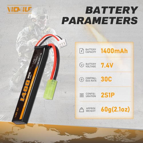 Airsoft 1400mAh 7.4V Lipo Battery - High Discharge Rate Rechargeable 2S with Tamiya Plug