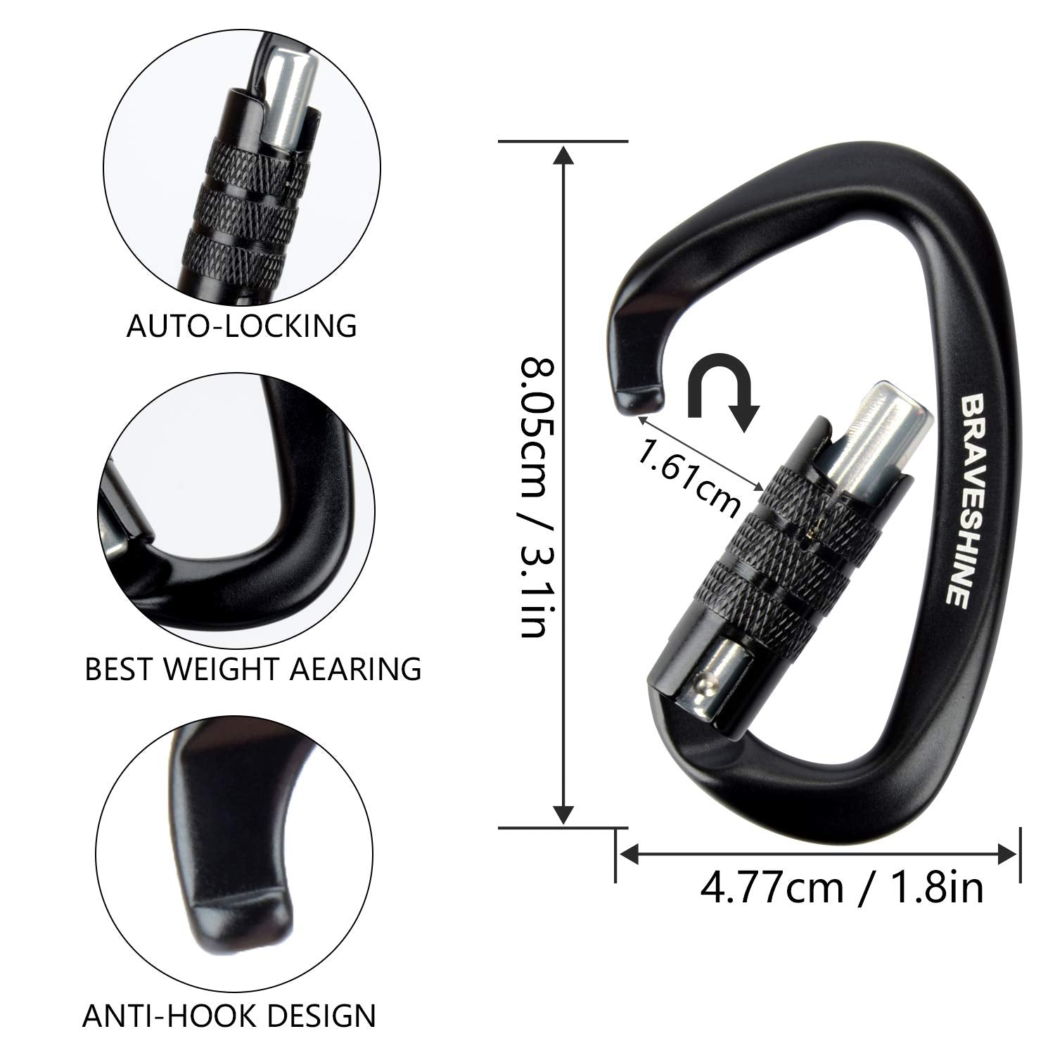 Heavy Duty Carabiner Clips 12KN Aluminum D Ring Double Locking Caribeaner Hooks