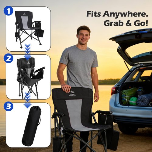 JKLESA XL Premium Camping Chair - 400lb Capacity, Oversized 23.7" Wide Seat, Heavy Duty 600D Oxford Fabric, Padded Camping Chair Portable for Outdoor, Beach, Tailgate Parties Solid Slate