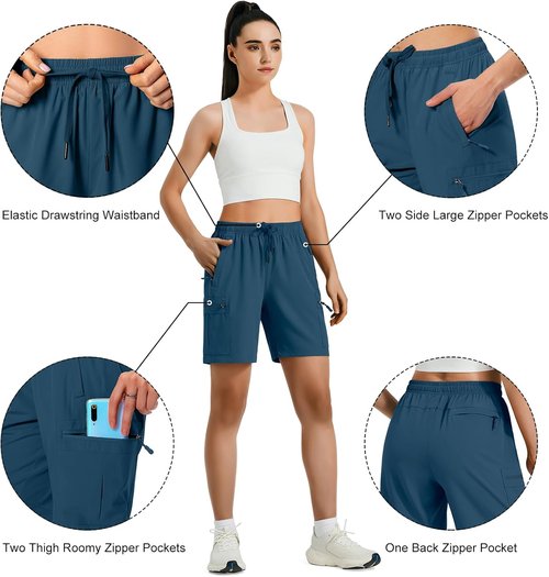 Hugut Women's Quick-Dry Hiking Cargo Shorts - Lightweight, Water-Resistant with Zipper Pockets | Ideal for Travel & Golf