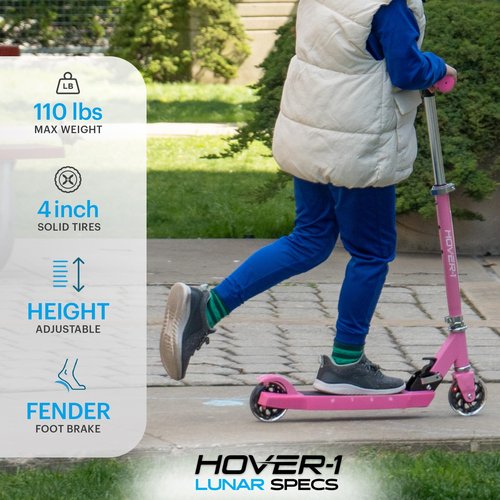 Hover-1 Lunar Kids Folding Kick Scooter with Color-Changing LED Light Up Wheels, Foot Brake, Adjustable Height Handle, and Light Weight Design