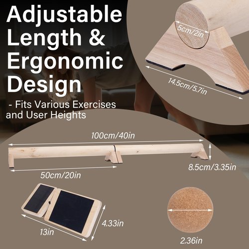 WodGod 40-Inch Wooden Balance Beam Set, Two 20-Inch Connectable Sections, Natural Solid Wood Design, Includes Cork Massage Ball, Ankle Strengthener and Carry Bag for Home Training and Stability Practice